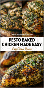 Golden oven baked chicken breasts topped with pesto and herbs on a rustic baking tray